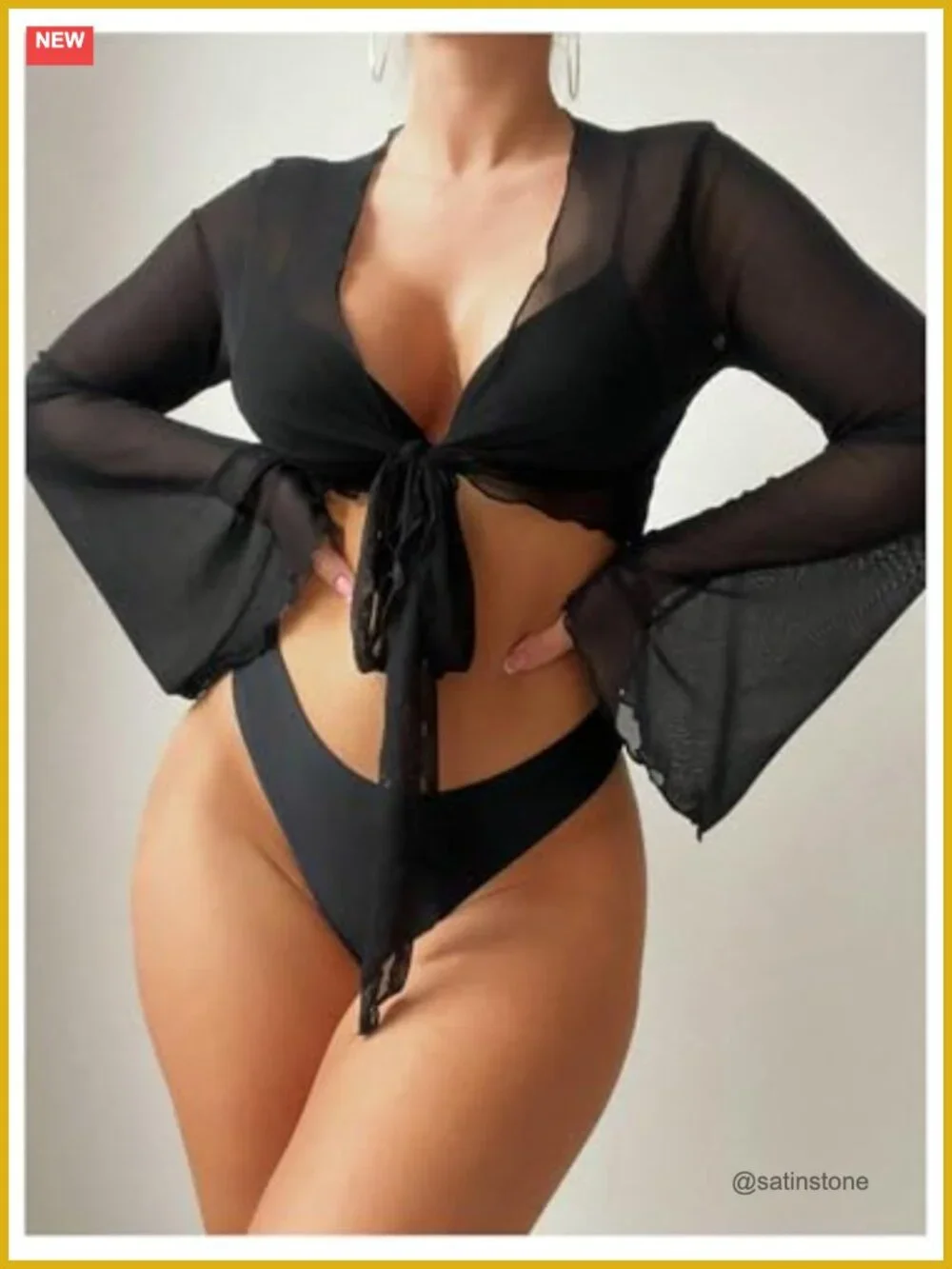 Sheer Mesh Tie Front Long Sleeve Swimsuit Cover Up Top